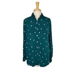 TOPSHOP Midnight Green White Dot Crepe Button Up Shirt Size 10 US Relaxed Fit